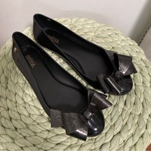 Melissa Space Love IV Black/ Gold Glitter Bow Jelly Ballerina Flats